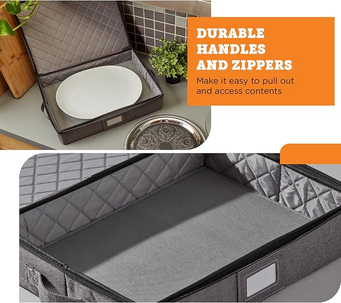 Hard Shell Platter Storage Container | Felt Dividers | Gray | Hard Shell Platter Case Holds 4 Large Serving Platters With Felt Dividers. Dual Zippers, Stackable, Dust-Free. - Image 5