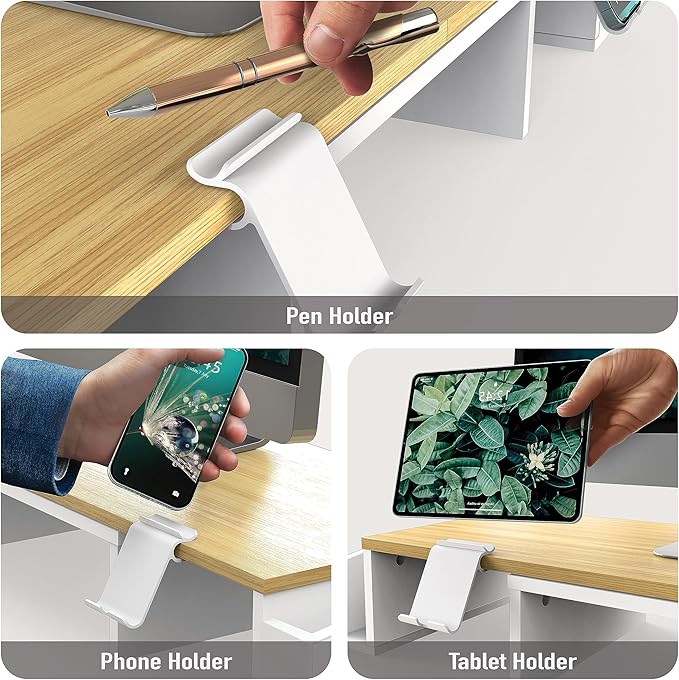Simple Houseware Desk Dual Monitor Stand Riser with Drawer, Oak | Customizable Organizer Tray, Built-In Phone & Tablet Slot and Side Storage - Image 4