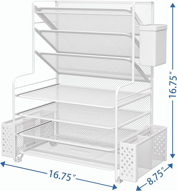 Simple Trending 7 Tier Desk File Organizer, Letter Tray Paper Organizer with Pen Holder and Metal Hanging Basket, White - Image 3