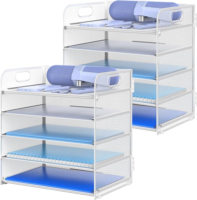2 Pack Letter Tray Paper Organizer 5-Tier Desk Organizer File Organizer Paper Holder with Handle, Metal Desktop Document Shelf Tray Office Classroom Organization - White by Sinboun
