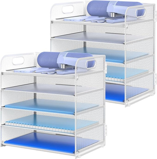 2 Pack Letter Tray Paper Organizer 5-Tier Desk Organizer File Organizer Paper Holder with Handle, Metal Desktop Document Shelf Tray Office Classroom Organization - White by Sinboun