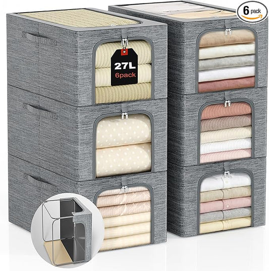 GoMaihe Baby Clothes Storage Bins with Metal Frame 27L 6-Pack Grey | Kids Toddler Child Clothing & Towels Small Items, Closet Top Shelf Boxes, Collapse-Proof Stackable, Clear Window Dual Access by GoMaihe