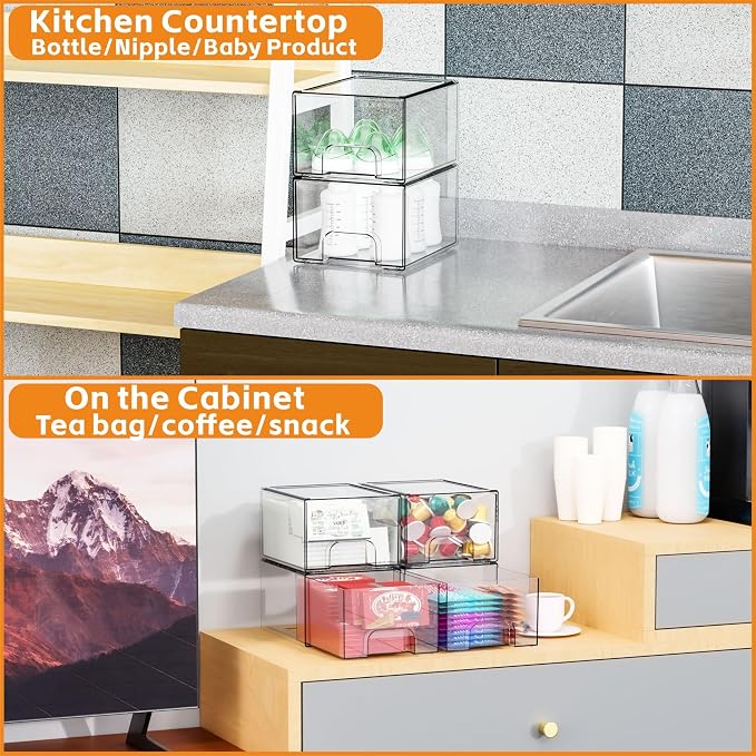 6 Pack Small Stackable Storage Drawers,4.4 Inch Tall Stacking Acrylic Clear Storage Bins for Bathroom Vanity,Undersink,Pull Out Drawer Organizers for Beauty,Makeup,Medicine Cabinet Organizers - Image 9