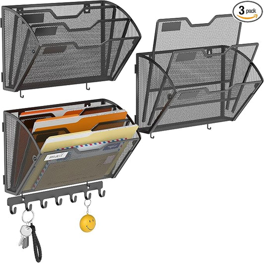 Docnest 3 Pack 3 Tier Mesh Wall File Holders with Hooks for Mail, Black | Space-saving vertical design with utility hooks. Ideal paper document organizer for office, home, and school by DocNest