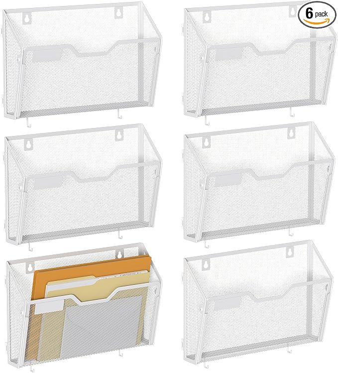 YINGHUA 6 Pack Wall Mounted Mesh File Folder Organizer with Hooks, White | 12.6" durable metal hanging baskets. Perfect vertical storage for mail, magazines and papers in office, home or school. by YINGHUA