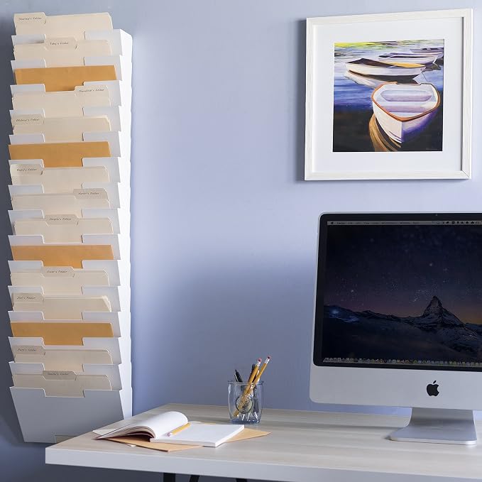 Wallniture Lisbon 10-Tier Wall Mounted File Holder and Desk Organizer, Metal White Office Organization and Storage Rack - Image 2