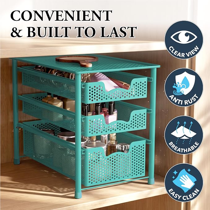 Simple Houseware Stackable 3 Tier Slide Basket Organizer Drawer, Turquoise - Image 5