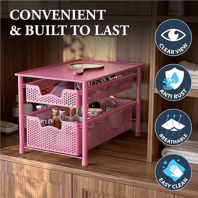 Simple Houseware Stackable 2 Tier Sliding Basket Organizer Drawer, Pink - Image 5