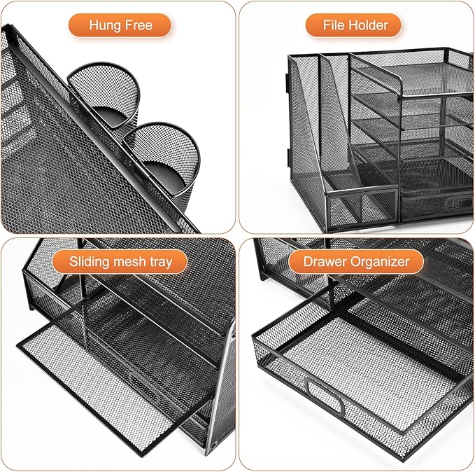 Marbrasse Desk Organizer with File Holder, 5-Tier Paper Letter Tray Organizer with Drawer and 2 Pen Holder, Mesh Desktop Organizer and Storage with Magazine Holder for Office Supplies(Black) - Image 4