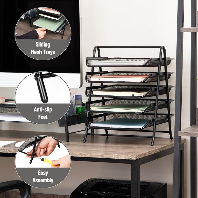 Mind Reader 5-Tier Paper Tray, Desktop Organizer, File Storage, Office, Metal Mesh, 11.75"L x 14"W x 15"H, Set of 2, Black - Image 5