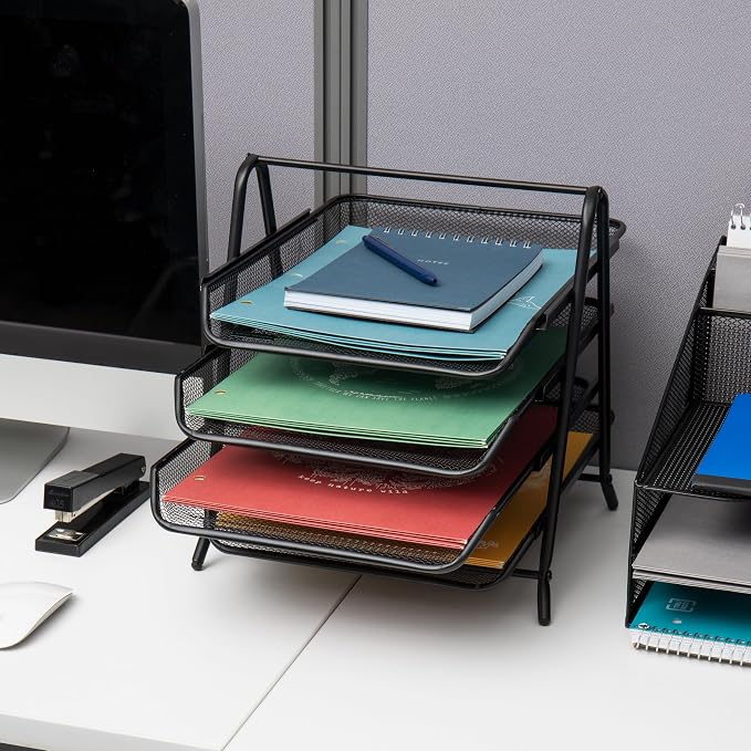Mind Reader 4-Tier Paper Tray, Desktop Organizer, File Storage, Office, Metal Mesh, 12" L x 13.75" W x 12.5" H, Pack of 2, Black - Image 6