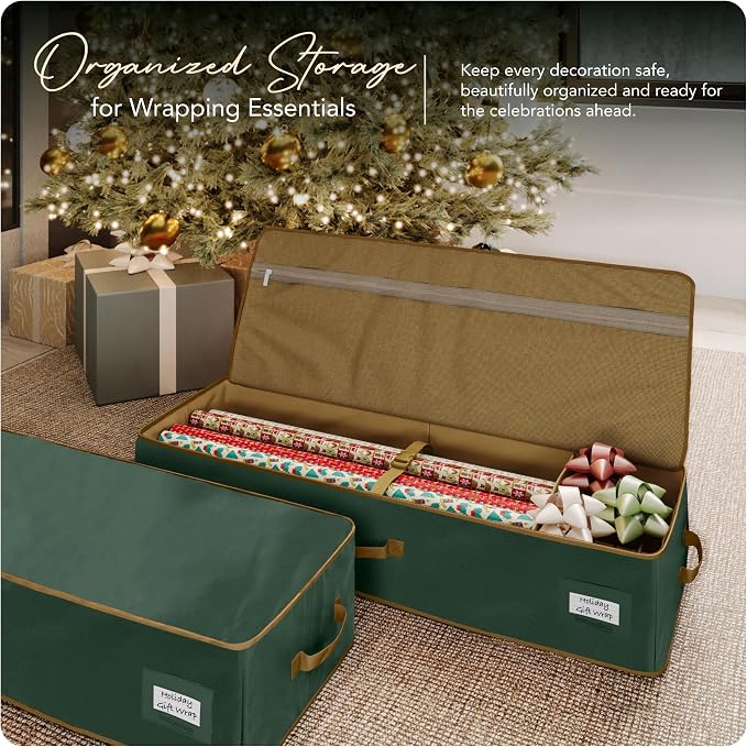 Covermates Keepsakes Gift Wrap Storage Organizer – Heavy-Duty Polyester with Buckle Straps & Interior Pockets – Holds Up to 15 Rolls of Gift Wrap with Handles & Label Window, Green - Image 2