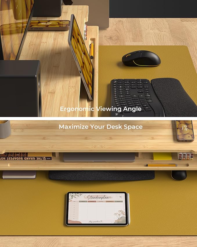 42.5” Dual Monitor Stand with Phone & Tablet Holder Desk Shelf | Bamboo monitor Riser for 55-72 inch Desk Cozy Computer Setup Workplace Organizer Keyboard Storage Ergonomic - Image 4