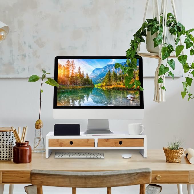 Relaxdays Monitor Stand, 2 Drawers, PC Riser for Desk, H 12 x W 56 x D 27 cm, Bamboo & MDF, White/Natural - Image 6