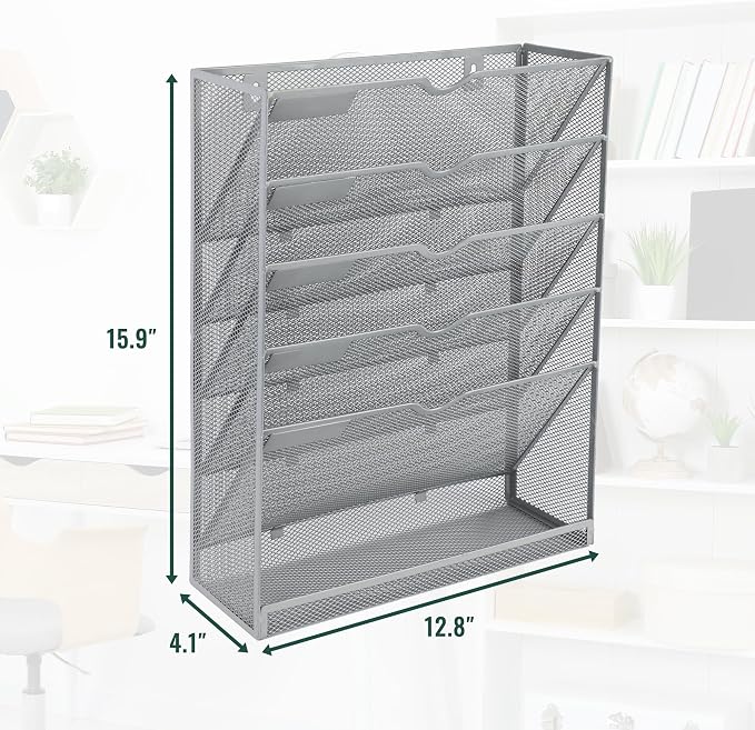 6 Tier Mesh Hanging Wall File Organizer, Desk Vertical Mail Paper Document Folder Holder Rack with Bottom Tray and Nametag Label for Office Home School, Gray - Image 2