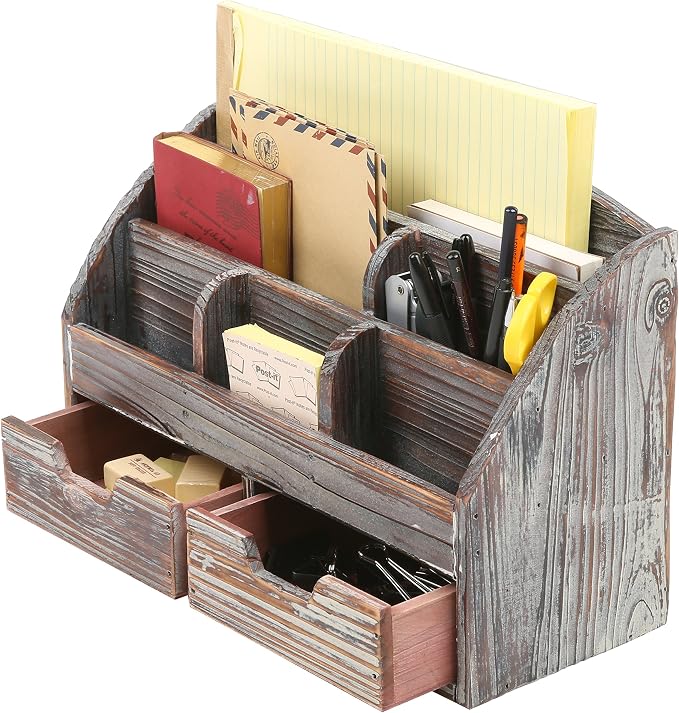 MyGift Office Supply Organizer with Drawers, Torched Wood Desktop Storage | Multi-section storage keeps pens, stationery, gadgets, and workspace essentials neatly arranged with rustic wood finish - Image 3