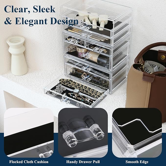 Sea Team 3-Tier Stackable Clear Acrylic Makeup Organizer with Drawers | Multi-Purpose Cosmetic Display Case, Jewelry Storage Box with 8 Drawers, Ideal for Vanity, Dresser, Bathroom, Countertop - Image 4