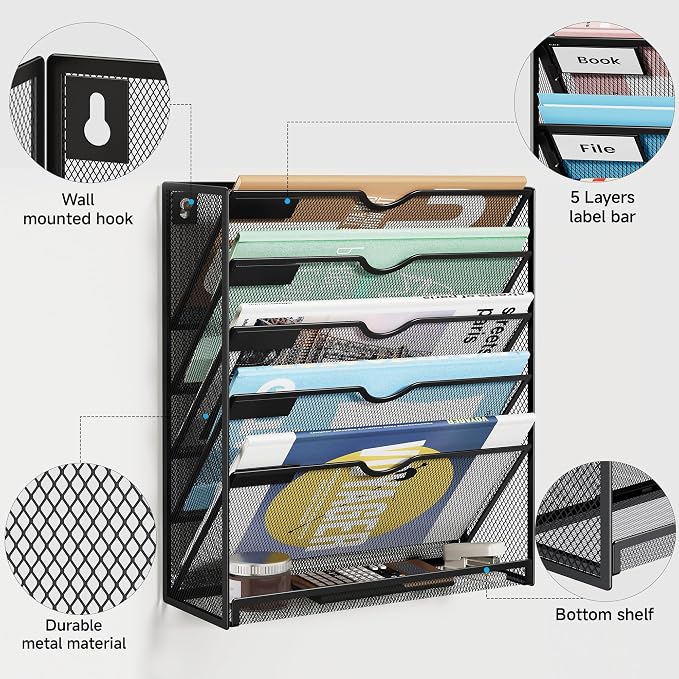 Lavatino 6-Tier Mesh Hanging Wall File Organizer with Hooks – No Installation Needed, Paper Mail Organizer Wall-Mounted File & Magazine folder Holder for Office and Home (Black) - Image 5