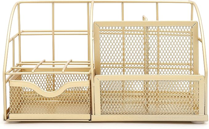 Exerz Desk Organizer Metal Mesh 7 Compartments Office Tidy Caddy Gold | Compact Gold Metal Mesh Design with Drawer and Multi Size Sections for Pens Notes Papers and Home Office Items - Image 8