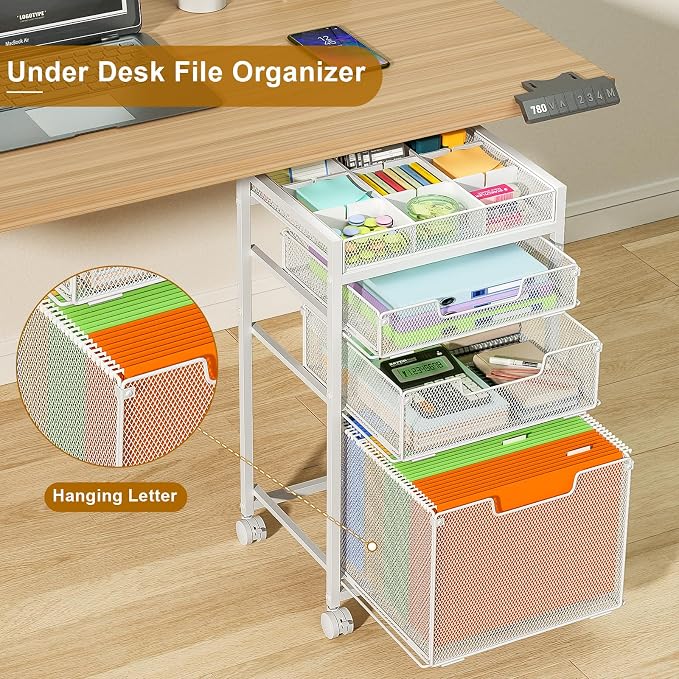 Rolling File Cart with 3 Storage Drawers, Under Desk Organizer with DIY Divider, Moblie Filing Cabinet on Wheels, Fits A4/Letter Size, Metal Utility Cart for Home Office, White - Image 2