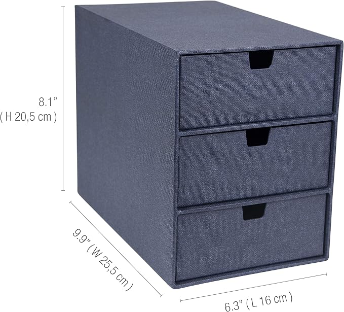 Bigso Box of Sweden Ingrid 3-Drawer Fiberboard Desk Organizer for Office Supplies and Accessories - Stackable Makeup Drawer Organizer - 6.3in x 9.9in x 8.1in - Blue - Image 3