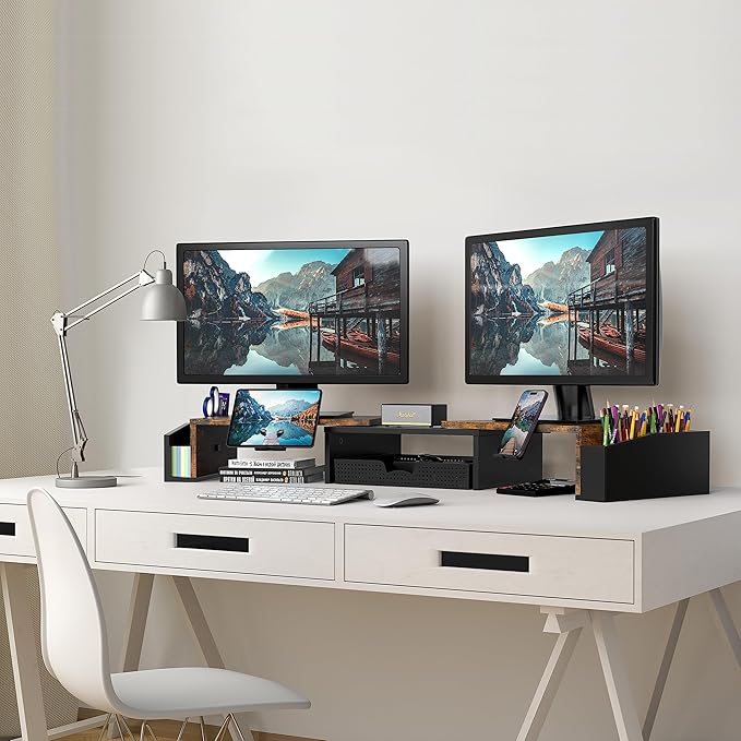 Simple Houseware Desk Dual Monitor Stand Riser with Drawer, Rustic Brown | Customizable Organizer Tray, Built-In Phone & Tablet Slot and Side Storage - Image 5