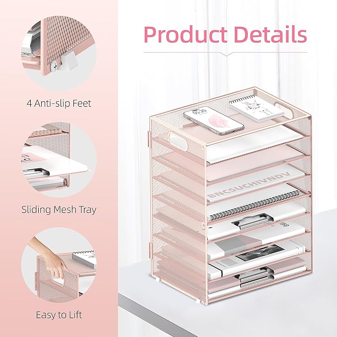 9-Tier Paper Organizer for Desk, Metal Mesh Letter Tray with Handles, Pink | Desk File Organizer with Removable Trays for Sorting Files, Folders, Mail and Printer Paper at Home, School or Office - Image 4