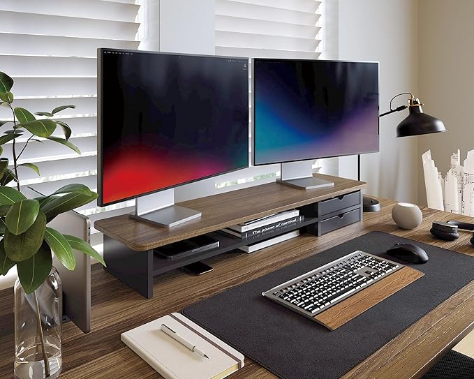 Fenge Monitor Stand, Desk Computer Riser with Frosted Storage Drawer, Brown | 42.5 Inch Dual Monitor Riser, 2 Tiers, Cable Management, Desk Shelf for 2 Monitors, Ultrawide Screen, Laptop, TV, Home Office - Image 5