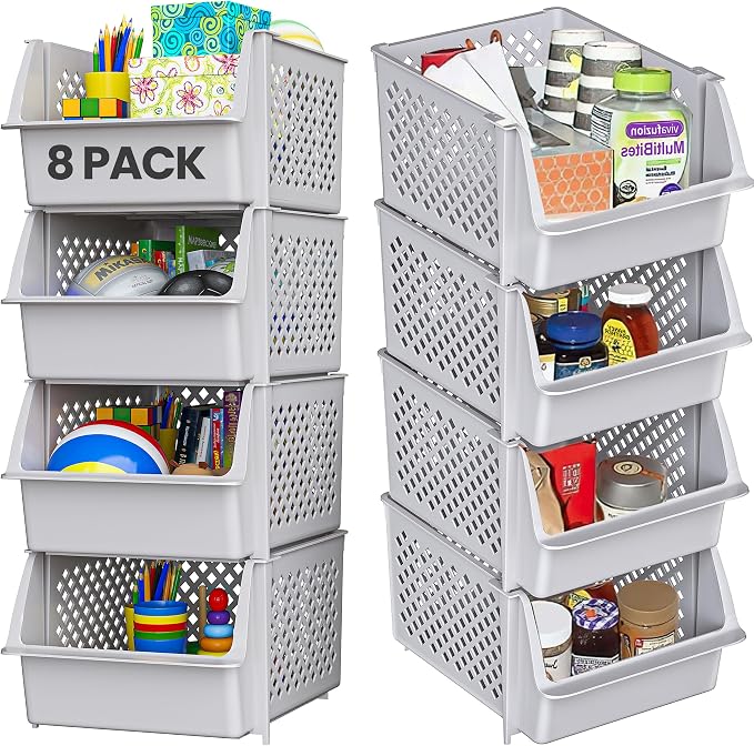 TidyFriend Stackable Storage Bins for Pantry - 8 Pack Stackable Bins for Organizing Food, Kitchen, and Bathroom Essentials (Light Grey) | Sturdy Plastic, Easy Stacking, Open Front Access, Ventilated Sides, Vertical & Space Saving Pantry Organizers and ... by Skywin