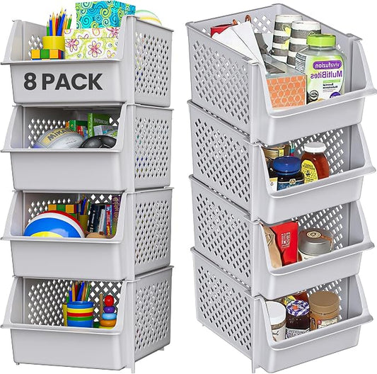TidyFriend Stackable Storage Bins for Pantry - 8 Pack Stackable Bins for Organizing Food, Kitchen, and Bathroom Essentials (Light Grey) | Sturdy Plastic, Easy Stacking, Open Front Access, Ventilated Sides, Vertical & Space Saving Pantry Organizers and ... by Skywin