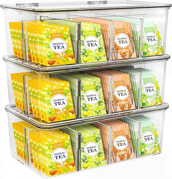 Utopia Home Tea Bag Organizer with Lids, Stackable Tea Box, 3 Pack, Clear | Partition Organizers with Lids For Drawers, Countertops, Fridge, Kitchen, Snack & Spice Organization by UTOPIAHOME