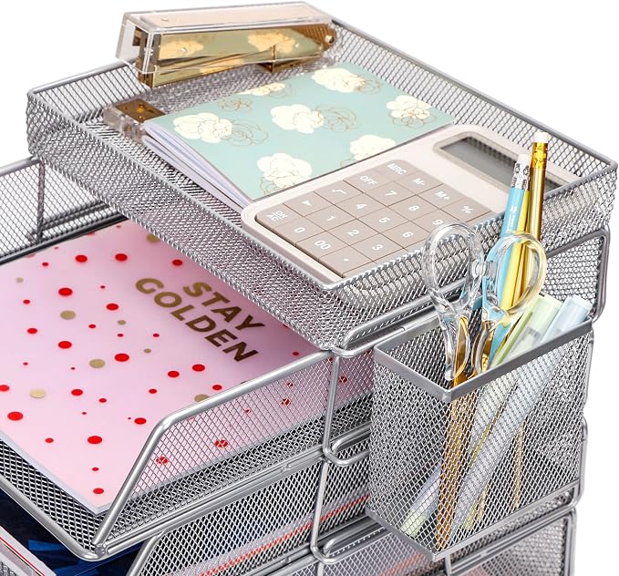 EXERZ Paper Trays Stackable 6pcs including 4 x Sorters, 1 x Top Tray,1 x Side Basket - Metal Desk Organiser/File Holder - Office, School - Image 4
