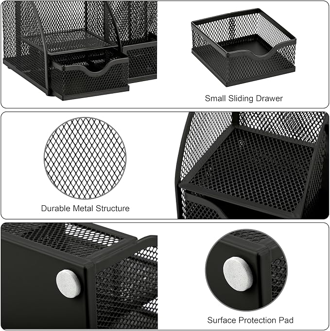 Exerz Desk Organizer 7 Compartment Pencil Holder Office Tidy Caddy Black | Metal Mesh Caddy for Pens Notes Paper Clips and Small Desk Items Compact Stylish for Home Office Study - Image 6