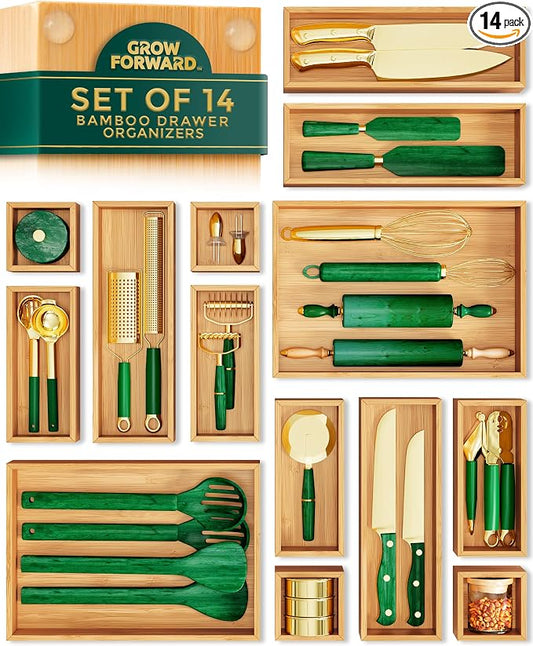 Grow Forward Bamboo Drawer Organizer Boxes - Set of 14 Wooden Drawer Organizers for Kitchen, Bathroom, Office, Desk, Vanity, Makeup - Non-Slip Junk Drawer Organizer Trays for Storage and Organization by GrowForward