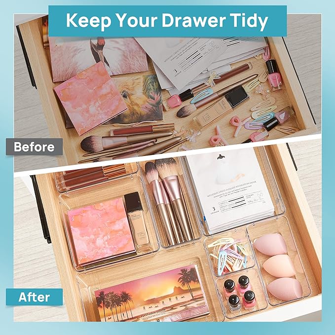 Vtopmart 72 PCS Clear Plastic Drawer Organizers Set, 4-Size Versatile Bathroom and Vanity Organizer Trays, Non-Slip Storage Containers for Makeup, Jewelries, Bedroom，Kitchen Utensils and Office | 4-Size Versatile Makeup Organizer, Non-Slip Storage Cont... - Image 2