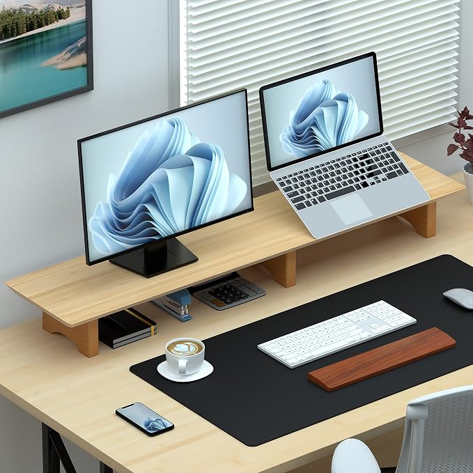 Aothia Large Dual Monitor Stand Riser, Solid Wood Desk Shelf with Eco Cork Legs for Laptop Computer/TV/PC/Printers, Perfect Desktop Stands Organizer with Underneath Storage for Office Accessories - Image 5
