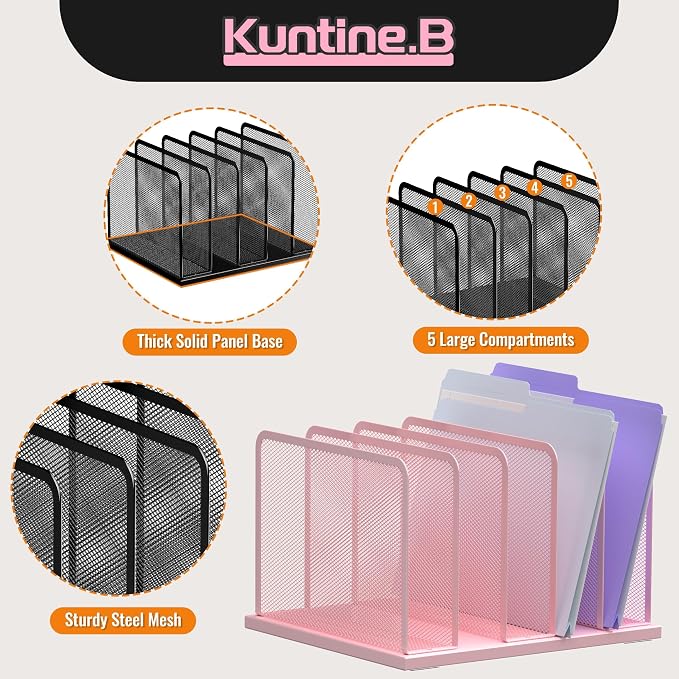 Kuntine.B 5-Section Upright Desk File Organizer Pink 1 Pack | Vertical, Mesh, Metal, Assembly, Stability, Sturdiness, Organization, Standing - Image 4