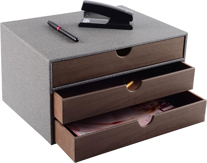 Cloth-effect Faux Leather Desk Organizer File Cabinet Executive Office Supplies Desktop Filing A4 Contract Document Stackable Storage Box with 3 Drawers (Grey) - Image 4
