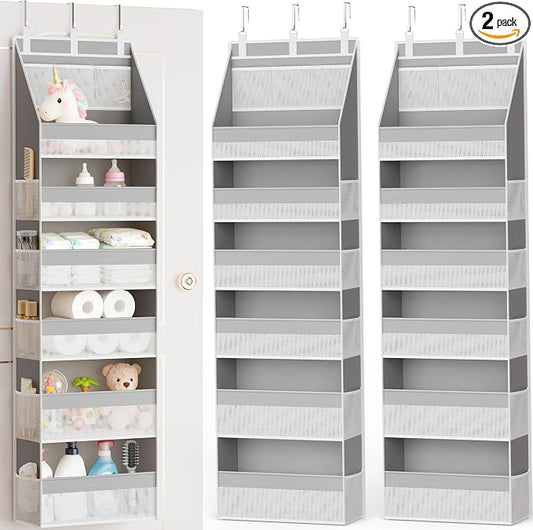 2 Pack Over The Door Organizer, Heavy-Duty 6-Shelf Hanging Storage with 13 Mesh Pockets, 55lbs Capacity Behind The Door Storage for Nursery, Bathroom, Bedroom, and Dorm, Grey by Criusia