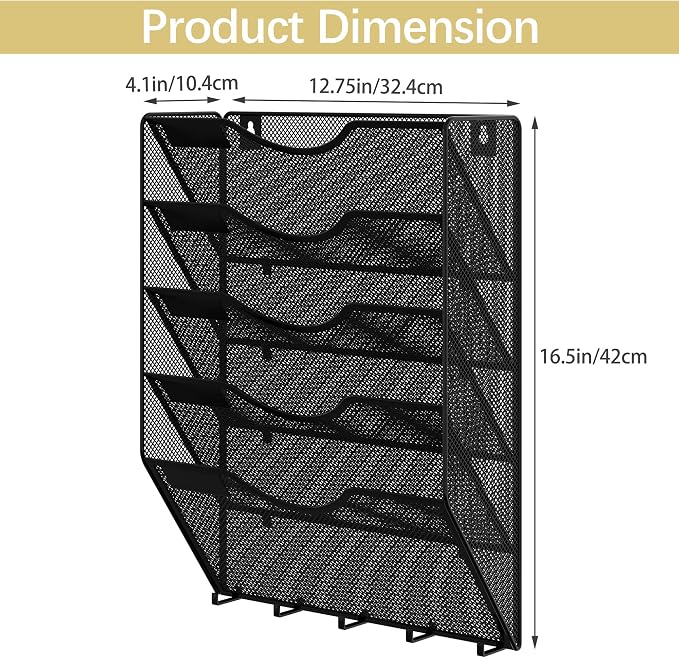 EasyPAG 5 Pocket Mesh Wall File Organizer with Key Hooks, Hanging Paper Folder Holder with Classify Label, Vertical Wall Mount Mail Organizer for Office Home Classroom, Black - Image 4