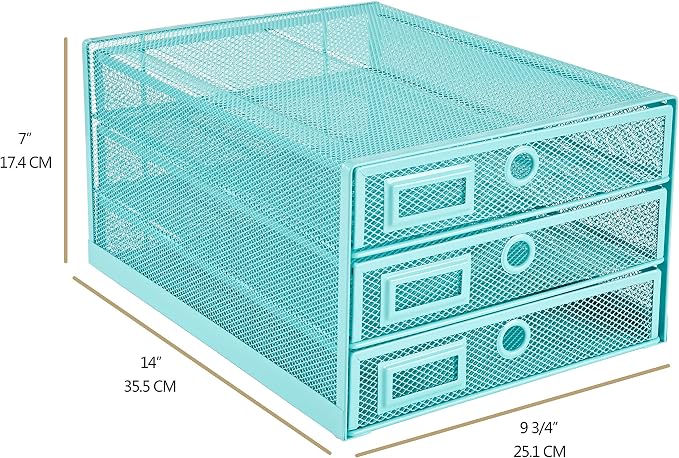 Annova Desk Organizer Wire Mesh 3 Tier Sliding Drawers Paper Sorter/Multifunctional/Premium Solid Construction for Letters, Documents, Mail, Files, Paper, Kids' Art Supplies (Turquoise) - Image 2