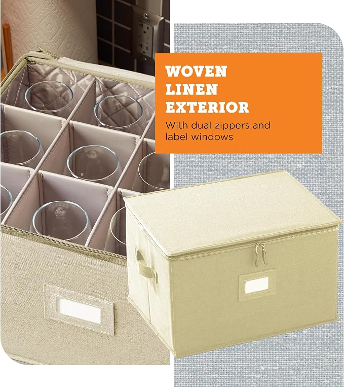Wine Glass Storage Case | Hard Shell Felt Dividers | Cream | Hard Shell Case Holds 12 Wine Glasses In 4x4 Felt Compartments. Stackable, Top-Load, Label Tag. Cream Linen Finish. - Image 7