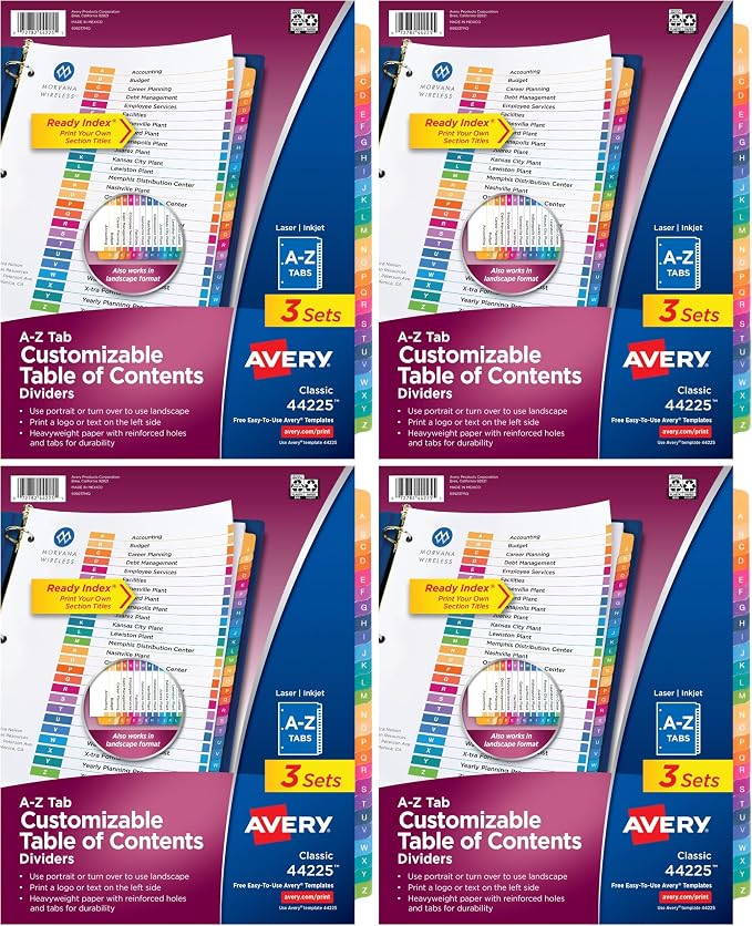 Avery A-Z Dividers for 3 Ring Binders, 26 Tabs per Set, Customizable Table of Contents, Multicolor Tabs, Great for Organizing Reports, Projects, and More (44225), 3 Sets (Pack of 4) by Avery