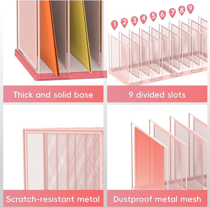 9-Section Desk File Organizer, Vertical File Holder, Mesh Desktop File Folder Metal File Organizer Stand for Office Home Classroom, Pink - Image 5