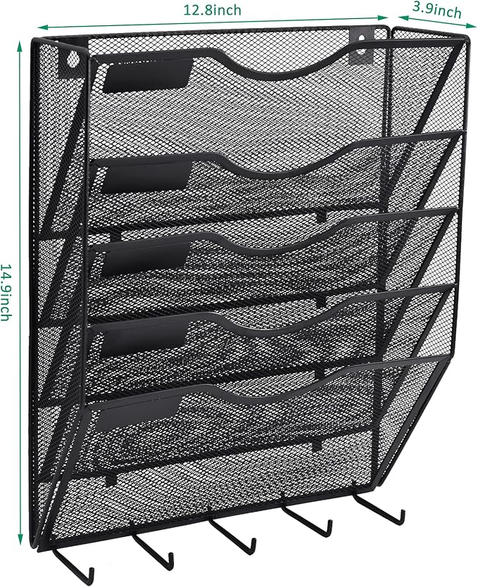 5 Pocket Mesh Hanging File Organizer with Key Holder Hooks & Nametag Label, Wall Mounted Mail Paper Document Folder Storage Organization Magazine Rack for Office Cubicle, 5 Tier Black - Image 5