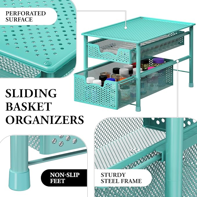 Simple Houseware Stackable 2 Tier Sliding Basket Drawer, Turquoise - Image 4