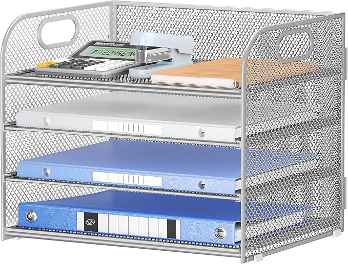 Lavatino 4-Tier Paper Organizer Trays - Silver Mesh File Folder Sorter with Handles, Desk Letter Holder Organizer for Office, Home, School Supplies Storage & Organization by Lavatino