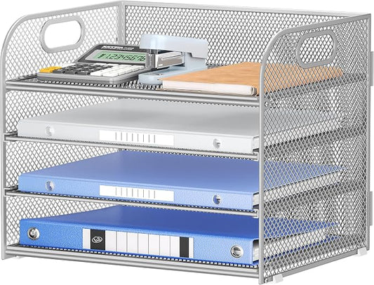 Lavatino 4-Tier Paper Organizer Trays - Silver Mesh File Folder Sorter with Handles, Desk Letter Holder Organizer for Office, Home, School Supplies Storage & Organization by Lavatino