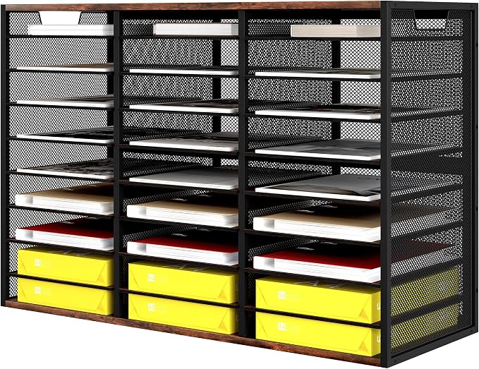 TQVAI 27 Compartments Desktop Literature Organizer, Metal Frame Paper Sorter with Handles, Heavy Duty Mailbox for Classroom and Office, Wood File Organizer for Document, Bill, Magazine, Antique Brown by TQVAI