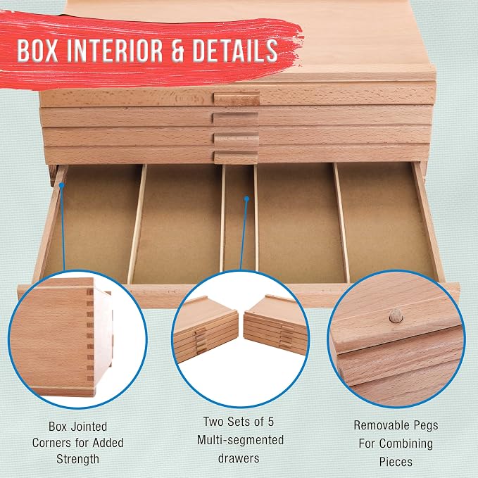 U.S. Art Supply 10-Drawer Artist Tool Supply Box with 5 Compartments per Drawer - Hardwood Art Box for Artist Supplies, Brushes, Pencils, Erasers, Tool Storage Organizer Case - Image 4